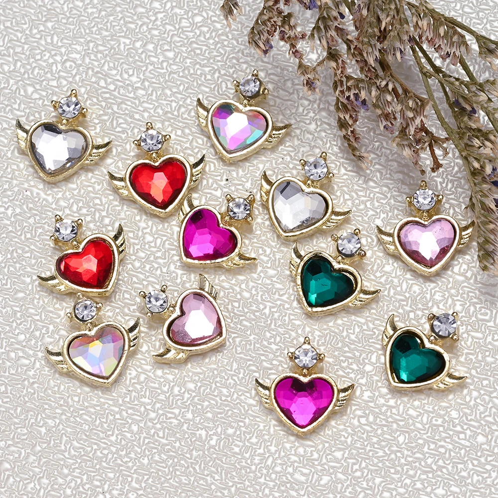 10pcs 3D Heart Nail Charms Luxury Love Heart MagicWings zircone colorato Nail Diamond Stones Nail Drill decorazione accessori