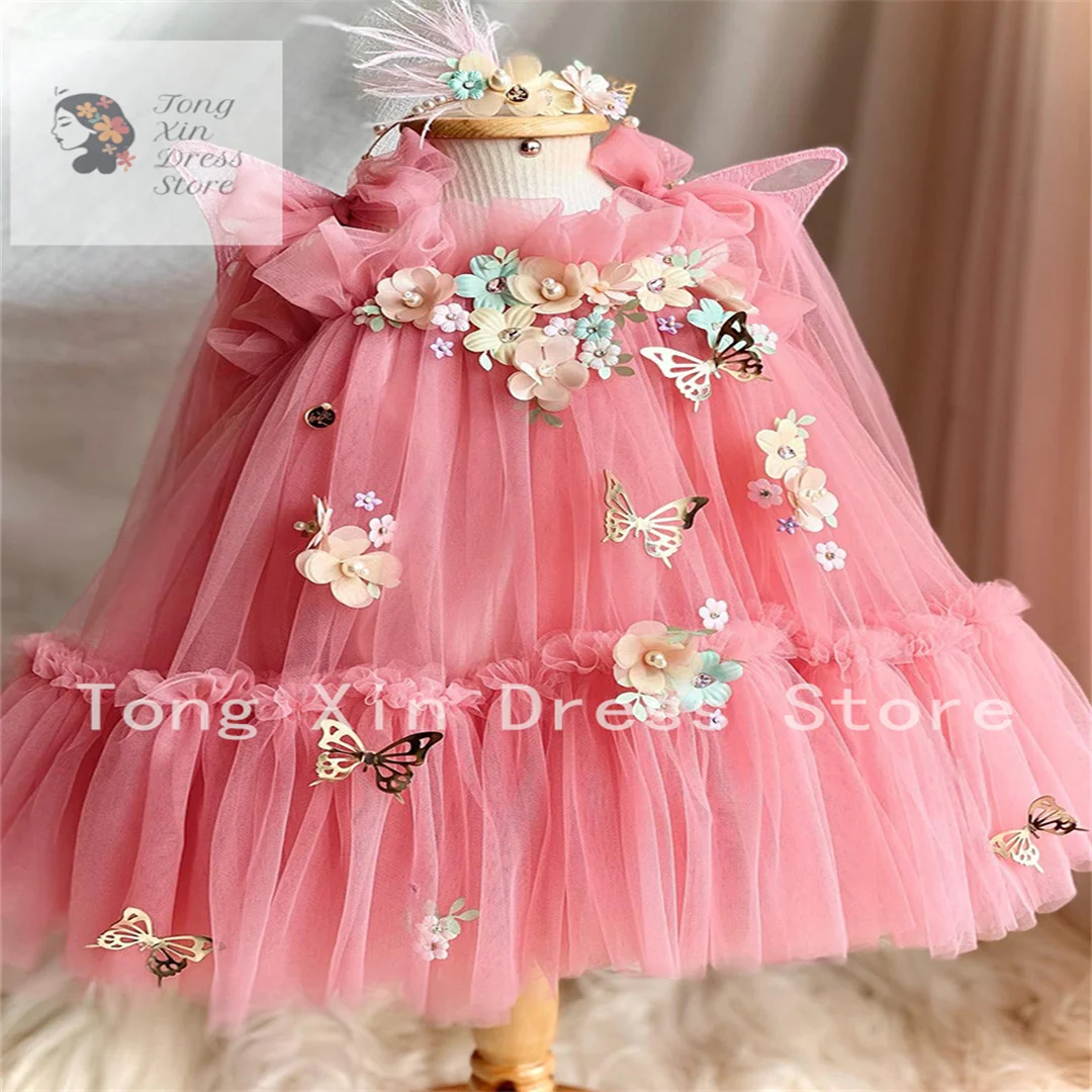 

New Arrival Flower Girls For Weddings Pink Handmade Flowers Tiered Floor Length Kids Prom Dresses Wedding Party Dress Vestidos