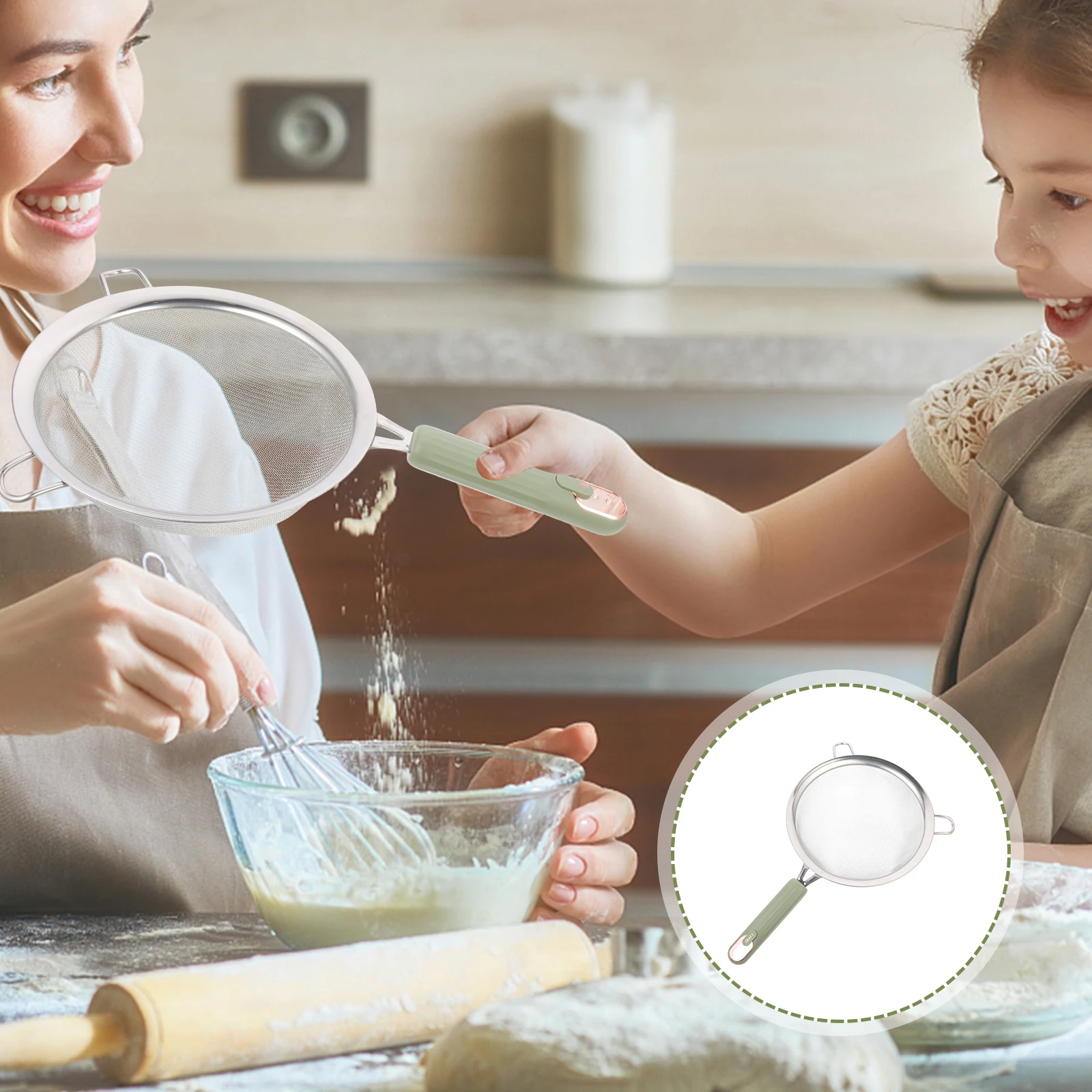 

Flour Sieve Stainless Steel Colander PP Kitchen Mesh Straining Basket Reusable Colander Spoon Cooking Strainer Home