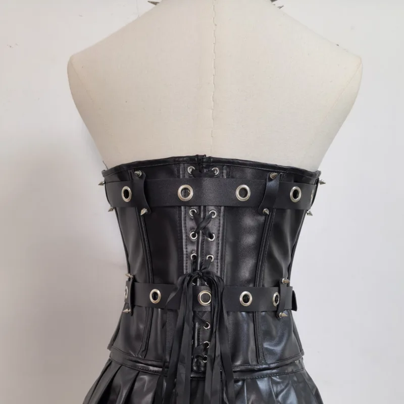 HKSH Women Strapless Vest Y2K Sexy Punk Gothic Style PU Leather Rivet Chain Patchwork Slim Top Ins Mini Skirt Streetwear HK23973