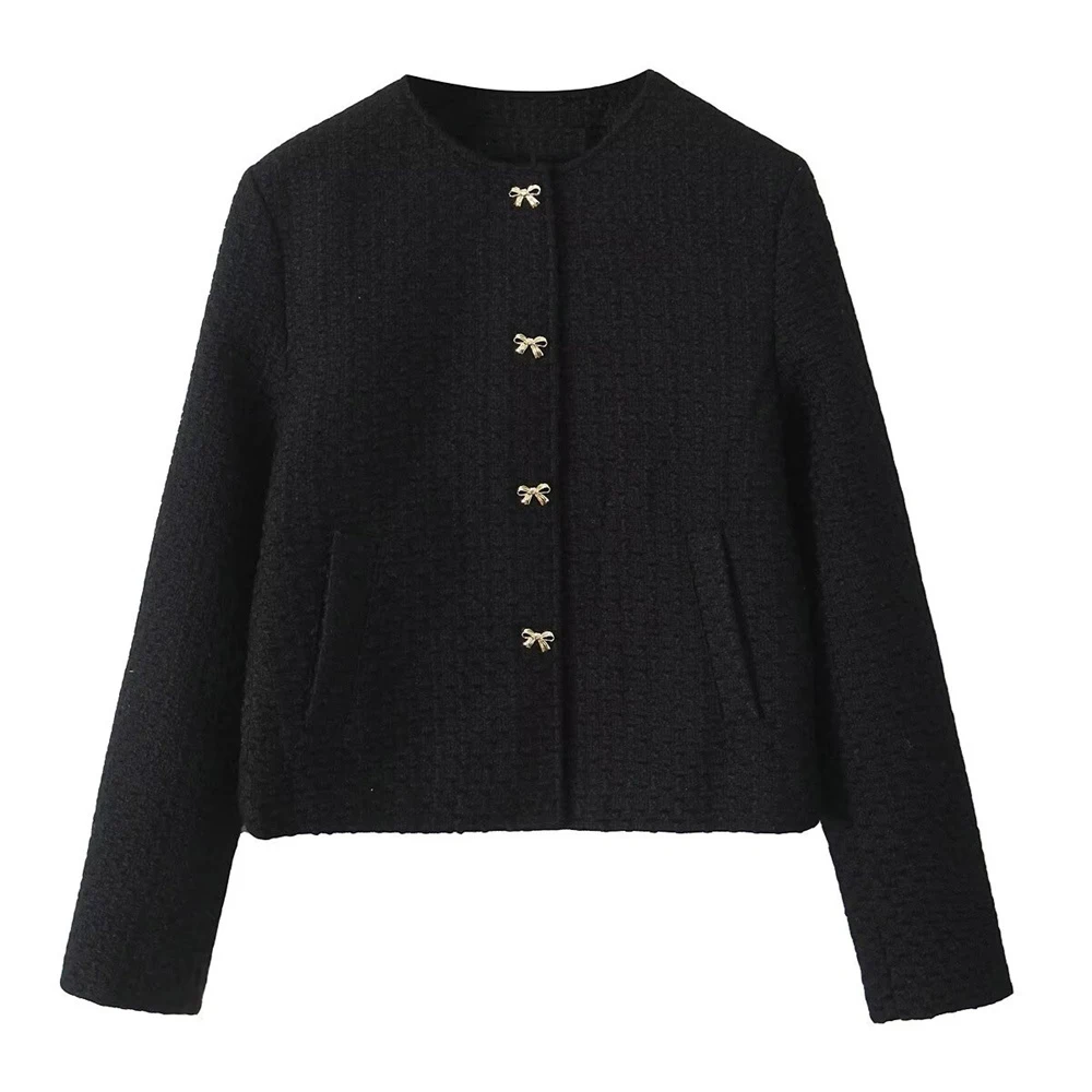 

Taop&Za Autumn New Product Women's Fashion Style Small Fragrant Wind Round Neck Long Sleeve Bow Button Decorative Texture Coat