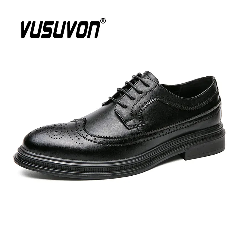 

Fashion Men Derby Shoes Brogue Design Breathable Cow Leather 38-44 Size Boys Black Soft Outdoor Casual Autumn Mules Dress Flats