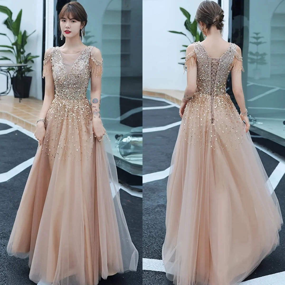 Vestidos de noche con bordado de champán para mujer, cuentas hechas a mano, borlas, cuello redondo, línea A, longitud hasta el suelo, talla grande, vestidos de fiesta formales A266