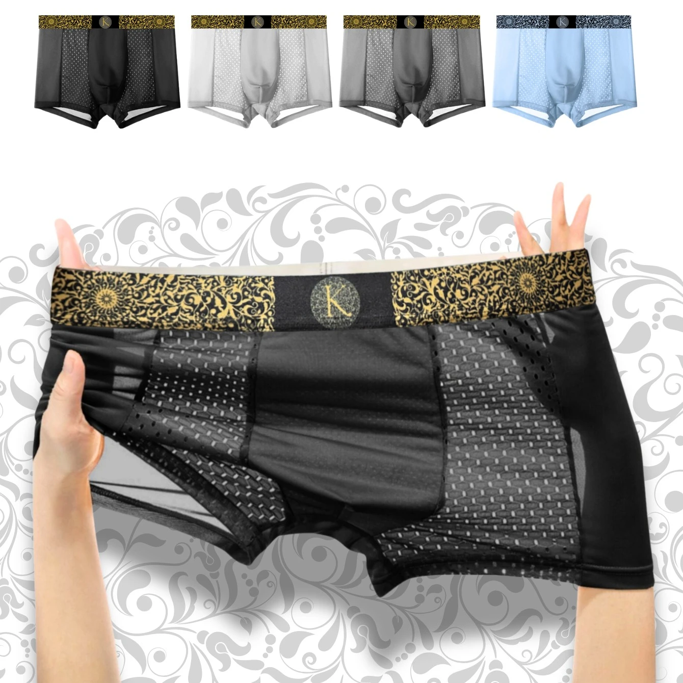 

1PC Mesh Ice Silk Boxer Shorts Men's Underwear Underpants Luxury Boys Retro Panties Bamboo Lingerie Plus Size Gold Black Print