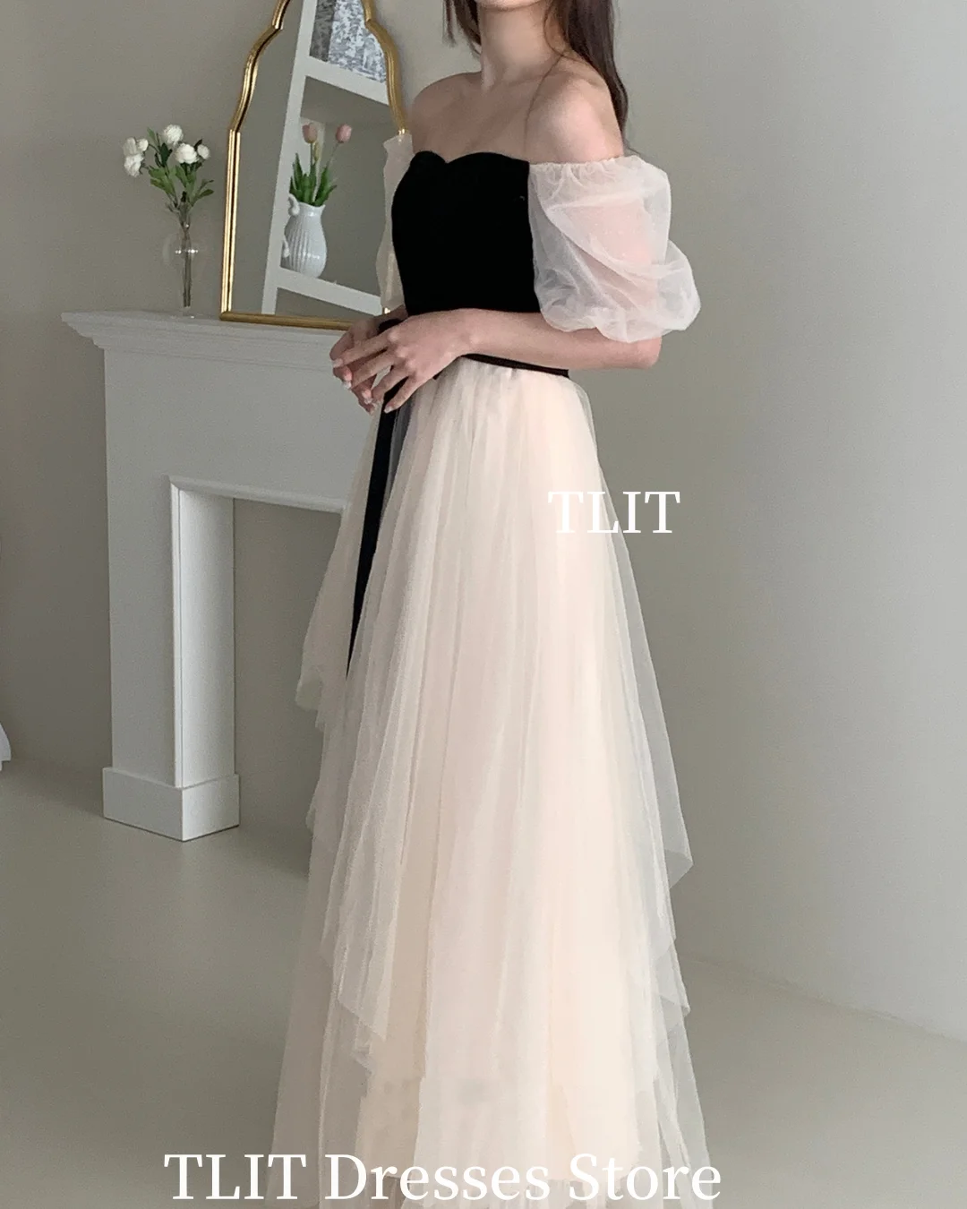 TLIT Schwarz und Elfenbein Kontrast Tüll Schatz Korea A-Linie Abendkleider Maßgeschneidertes elegantes kurzärmliges formelles Partykleid