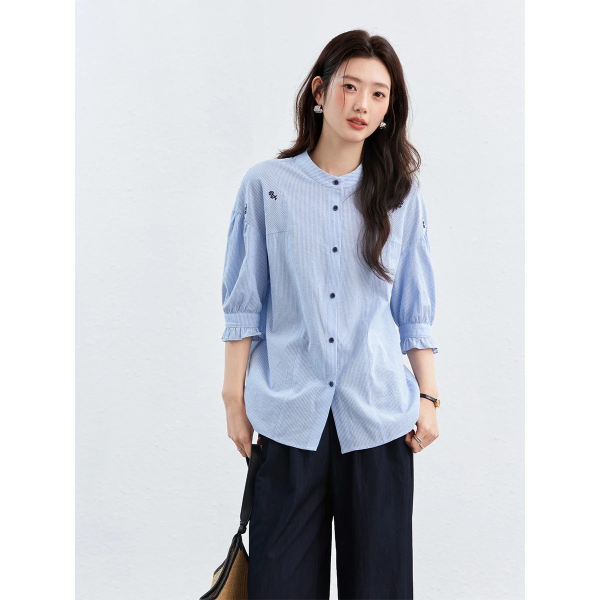 

VIMLY Women's Striped Shirt 2026 Spring New Fashion Casual Stand Collar Color Block Embroidery Design 3/4 Sleeve Blouse A5039