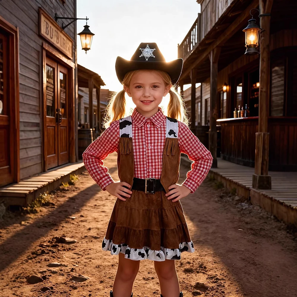 

Western Cowboy Suit Hippie Festival Party Dress For Girl With Shirt Vest Skirt Belt Hat Children Clothes For Performance Costume