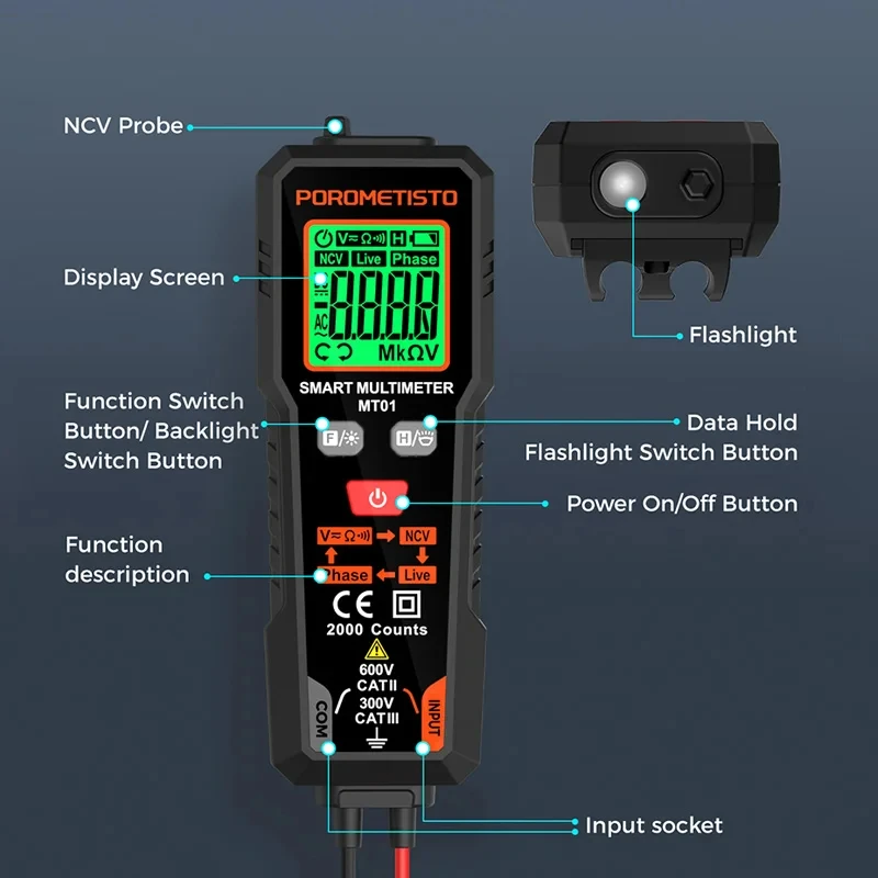 MT01 inteligentny multimetr cyfrowy AC/DC NCV woltomierz automatyczny zakres 600V rezystancja napięcia Tester ciągłości Tester elektryka
