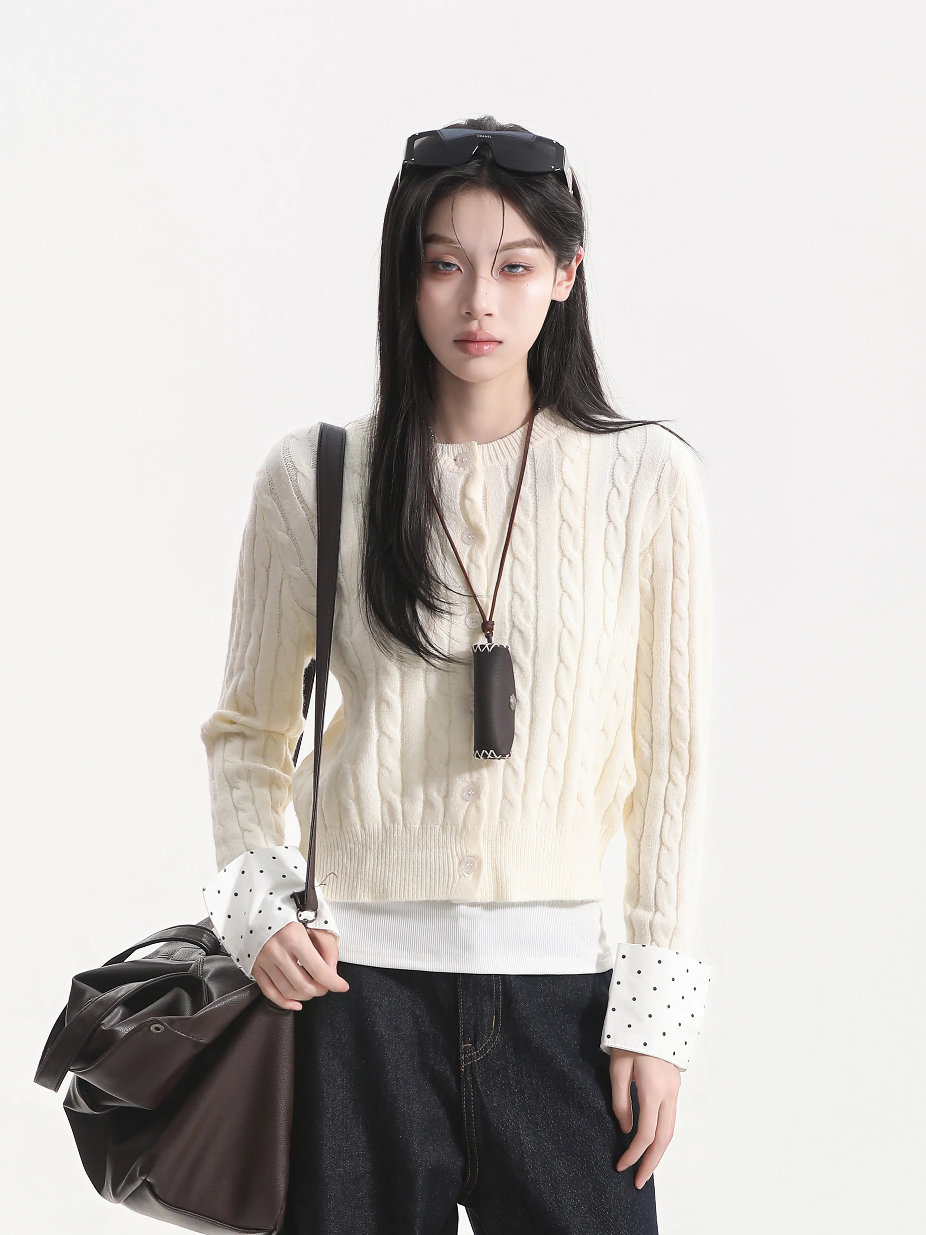 Korean Style Spliced Polka Dot Short Knitted Sweater Women Loose round Neck Button up Cardigan Coat Cleanfit Vintage Loose Fit