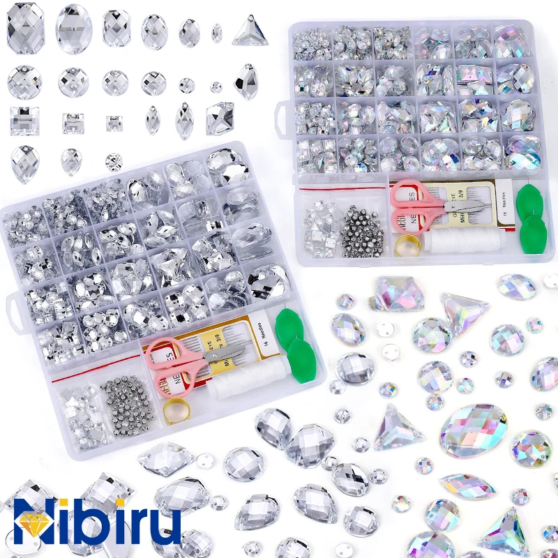 

Nibiru Mix Shape Rhinestones 700Pcs/box Sew On Gems Jewels Acrylic With Sewing Holes for Clothes DIY Crafts Shoes Wedding Dress