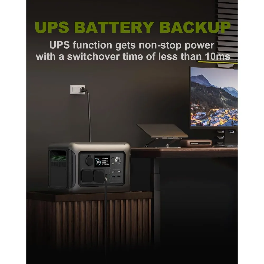 Estação de energia portátil ultra silenciosa, 299Wh 600W LiFePO4 Bateria Backup Fonte de alimentação, com função UPS, MPPT Gerador Solar