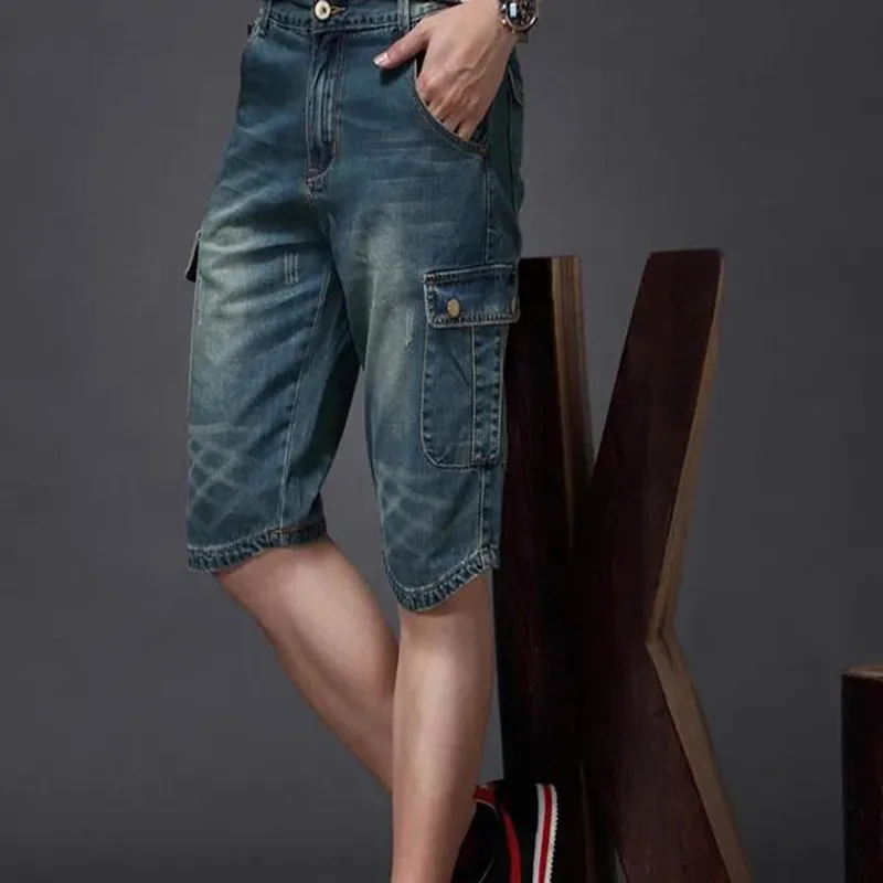 New Summer Jeans Shorts New Men's Denim Shorts Straight Multi-pocket Baggy Cargo Trousers Men Cowboy Bottoms
