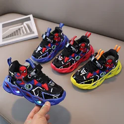 Disney Boy's Dazzling Cool Cartoon Spider Man Luminous Shoes Kids Sneakers Kids LED Lighted Tennis Soft PU Leather Sports Shoes