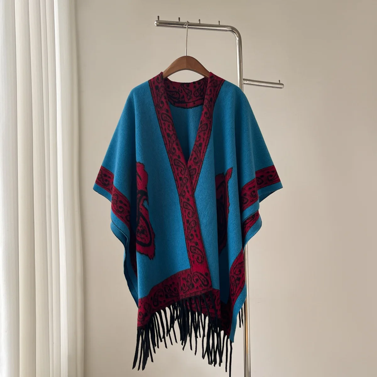 Vintage Paisley Print Women Poncho Cape Thick Faux Cashmere Warm Bufanda Chal Tassel Cardigan Coat Travel Outer Wrap Fall Winter