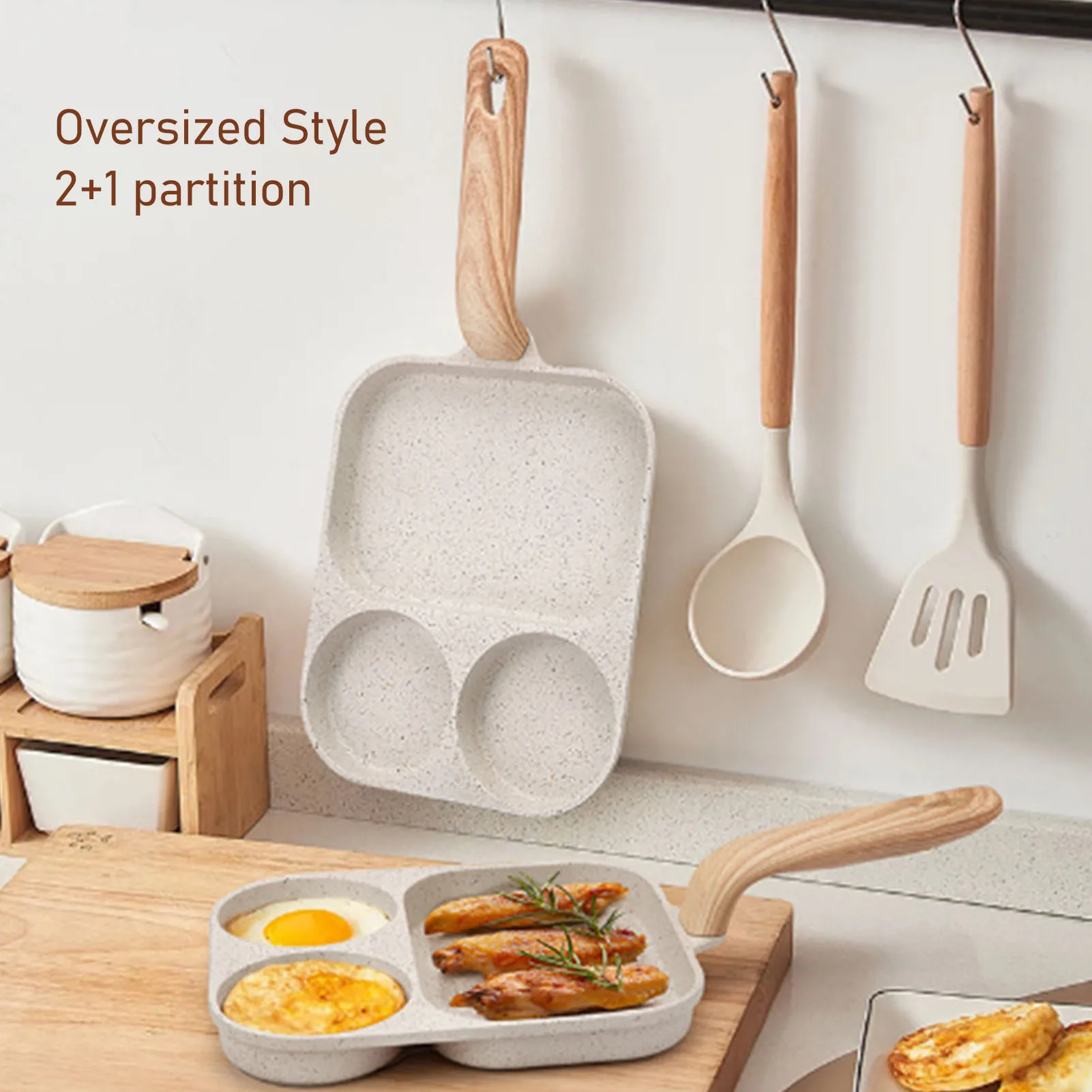 40x19cm Nonstick 3 Section Square Grill Pan Egg Frying Pan with Multiple Cooking Areas for Breakfast Gas Induction Cooktops