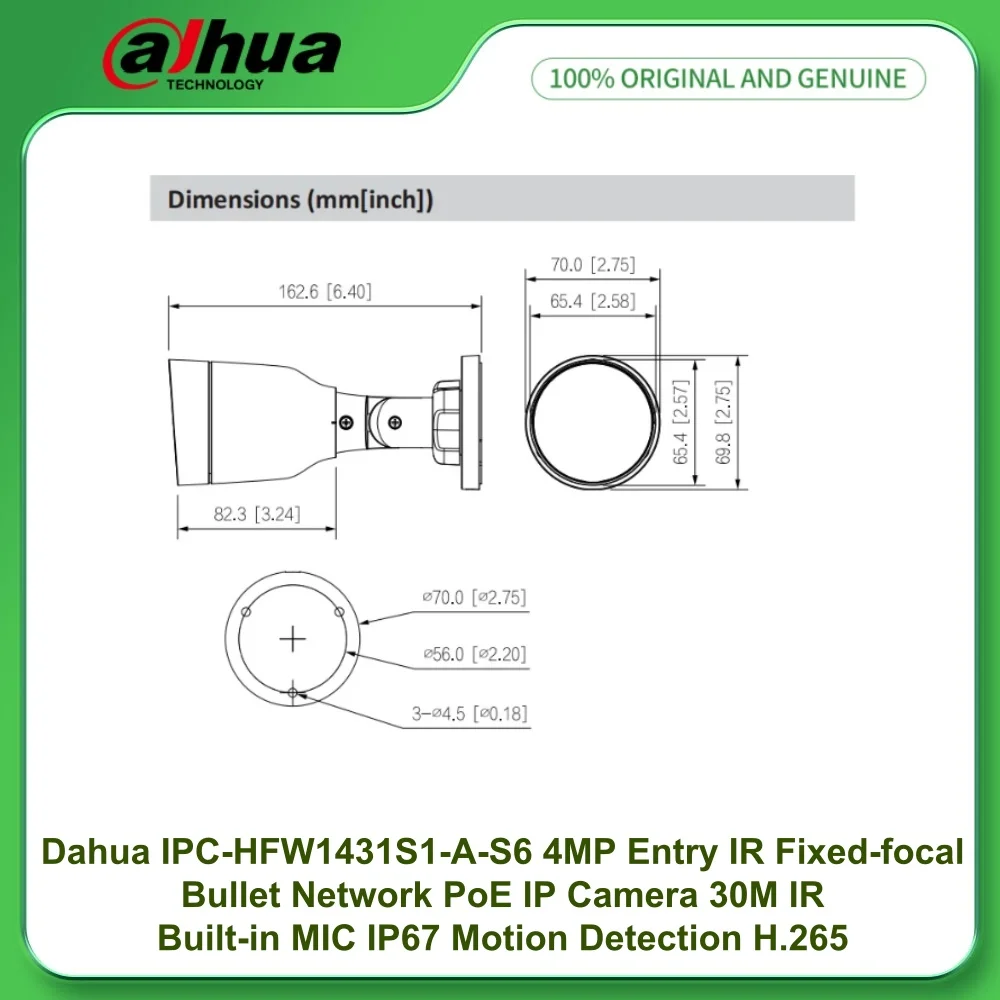 Dahua IPC-HFW1431S1-A-S6 4MP Entry IR Fixed-focal Bullet Network PoE IP Camera 30M IR Built-in MIC IP67 Motion Detection H.265