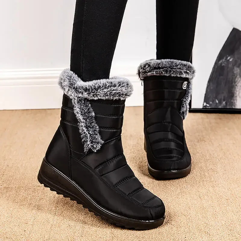 Non Slip Thick Bottom Furry Snow Boots Women 2026 Winter Waterproof Fabric Cotton Ankle Boots Warm Plush Platform Shoes Mujer