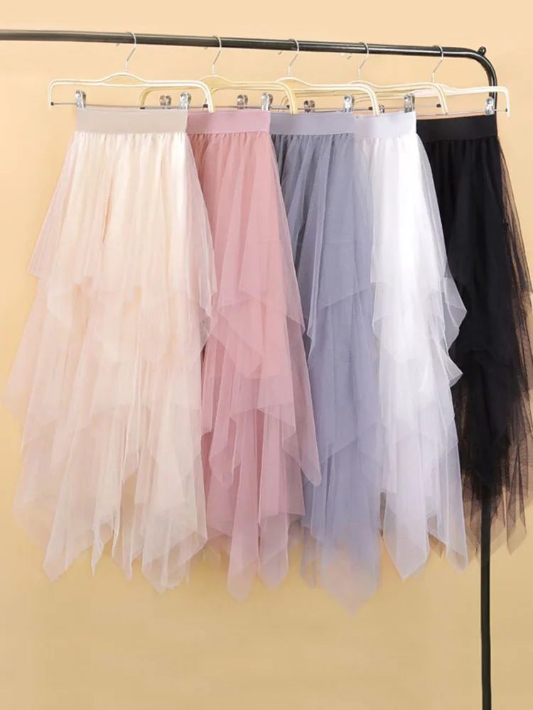 

ZOKI Elegant Women Ball Gown Tulle Skirt Spring Korean Elastic High Waist Mesh Long Skirt Summer Party Pink Faldas Mujer New