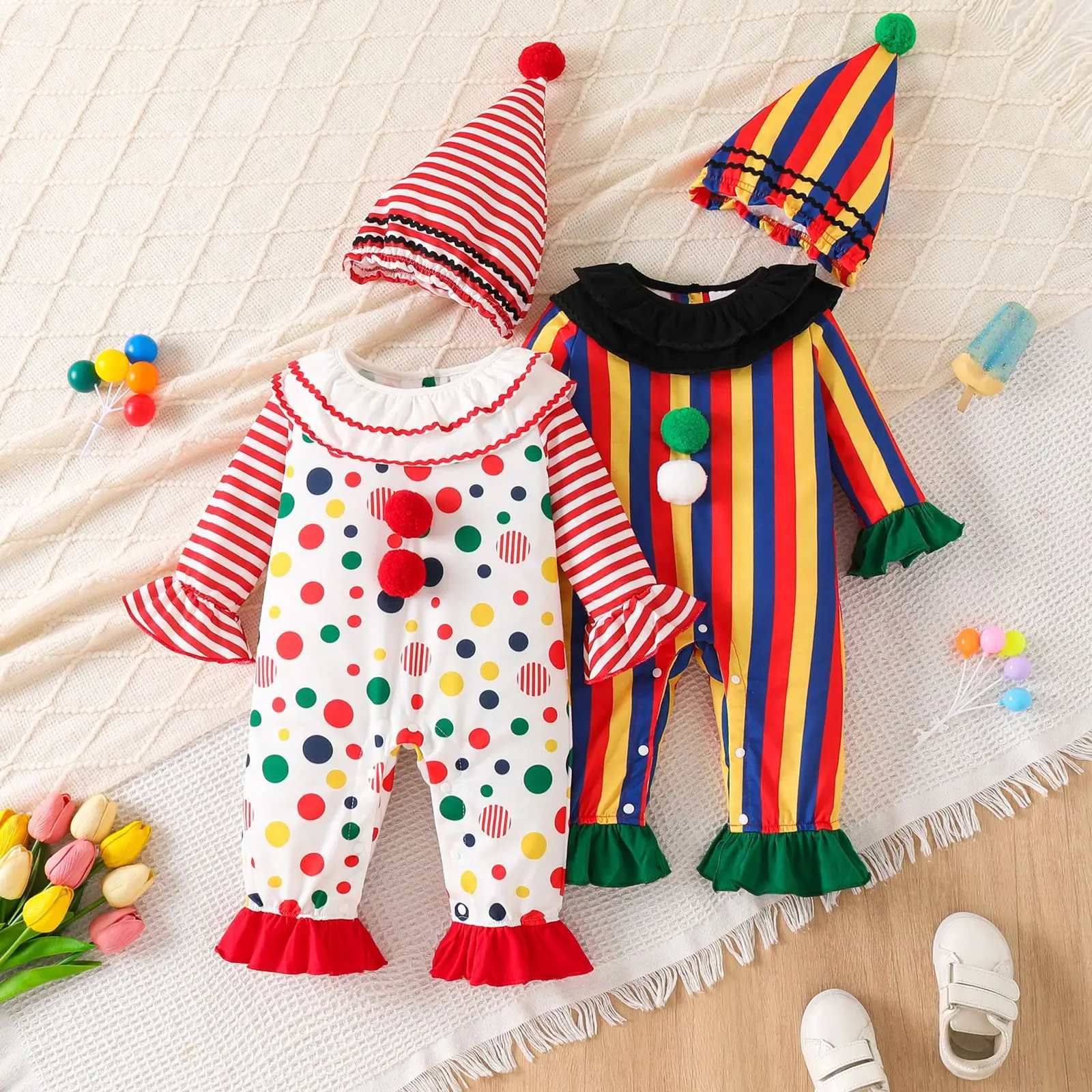 Baby Clown Costume Romper+Hat Long Sleeve Stripe JumpsuitNewborn Boys Girls Halloween Carnival Birthday Party Cosplay Outfit