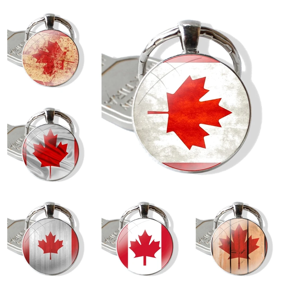 25mm Glass Cabohcon Keychain Key Rings for Women Men Jewelry Gift Retro Style Canada Maple leaf