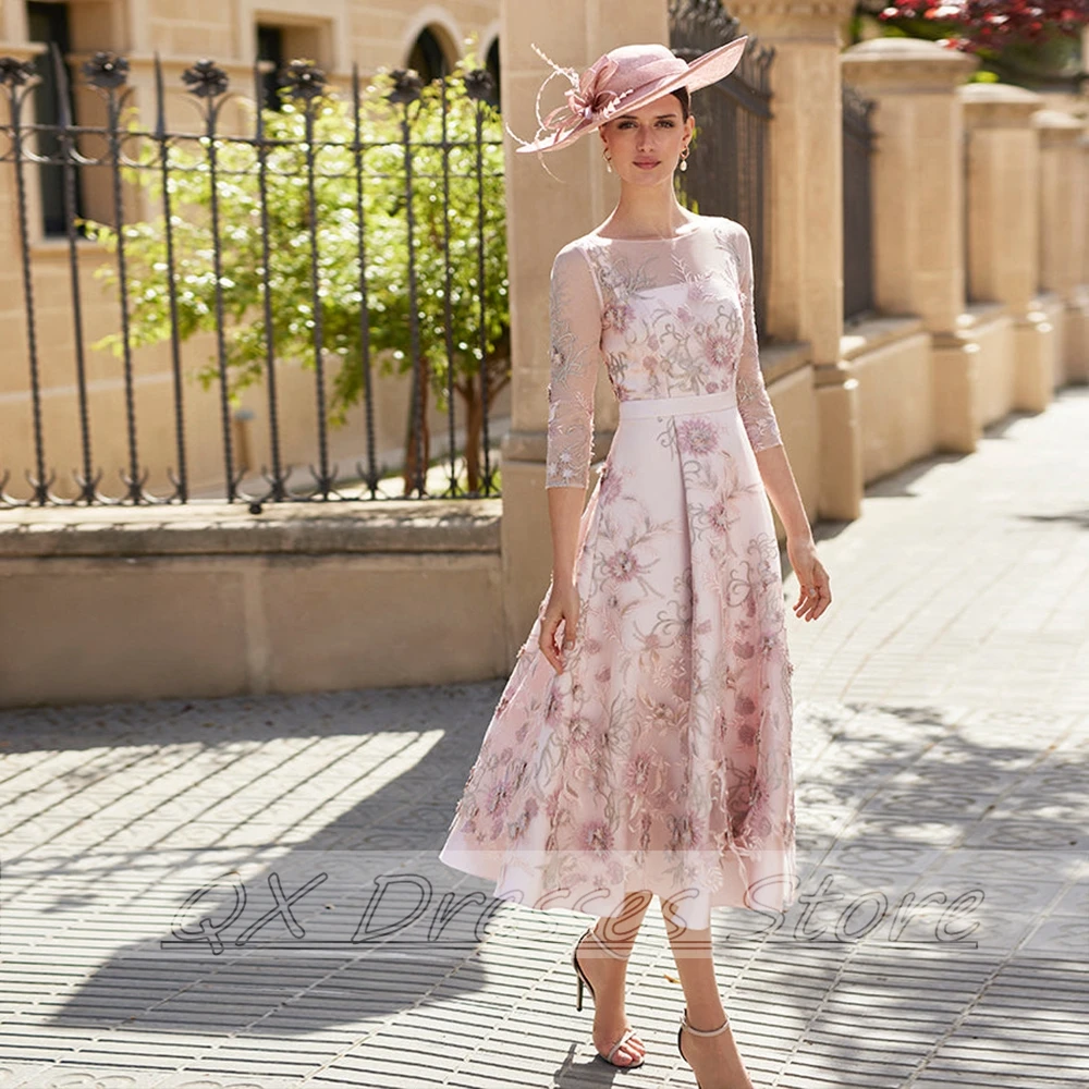 Maßgeschneidertes langes A-Linien-Applikations-Kleid für die Brautmutter, Teelänge, Dreiviertel-Stickerei, drapierter Gast für die Hochzeit mit Vi