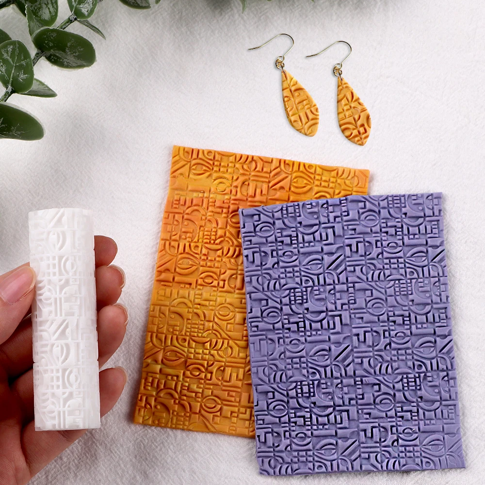 Soft Pottery Brushed Texture Roller Complex Geometry Symbols Texture Polymer Clay Mold Fondant Rolling Pin DIY Earrings Pendant
