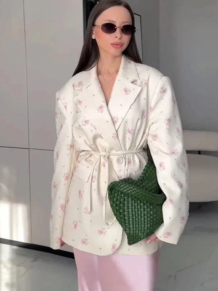 

Elegant Flower Printed Coat Women's Lapel Single Button Long Sleeve Lace Up Blazer Spring Summer New Female Fashion Outwear
