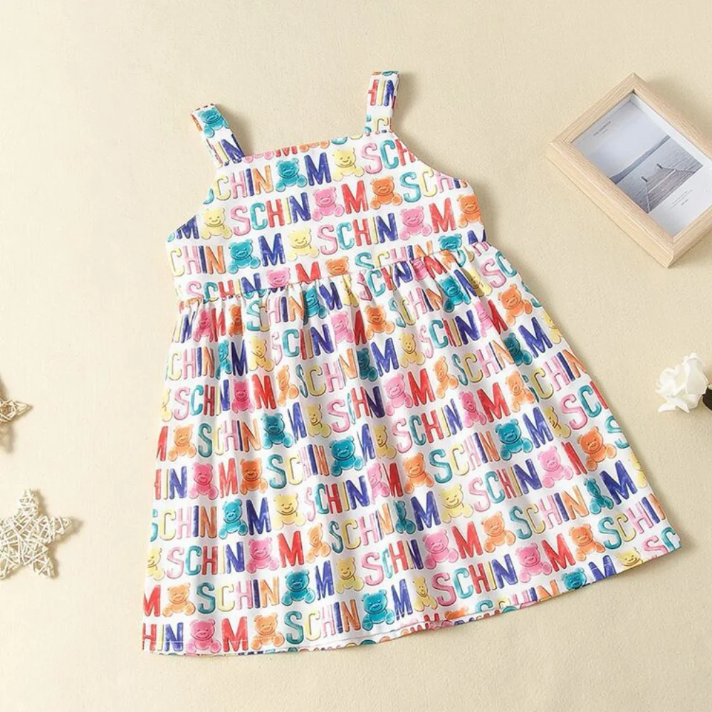 Rainbow Letter Bear Print Sleeveless Suspender Girl Clothes Princess Cute Beach Casual Dress 1-8y