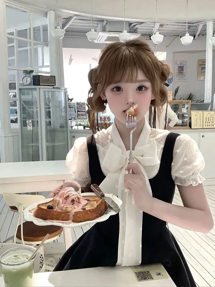 مجموعة ملابس نسائية يابانية حلوة مكونة من قطعتين فستان قصير سهل الارتداء ​ + بلوزة صيفية بفيونكة منقطة Y2k بدلة Jk جمالية