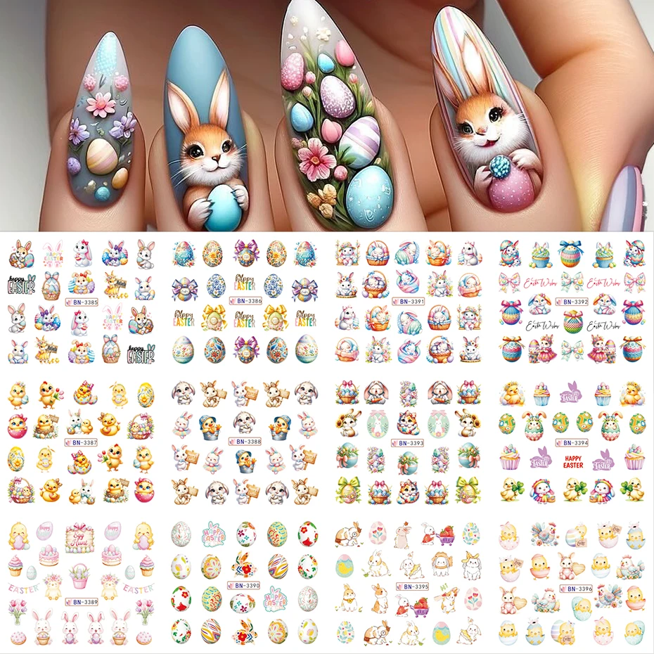 1 Sheet Cartoon Bunny Nail Sliders Water Stickers Cute Rabbit Egg Animals Nail Art Decals Transfer Sliders Manicure Decorations
