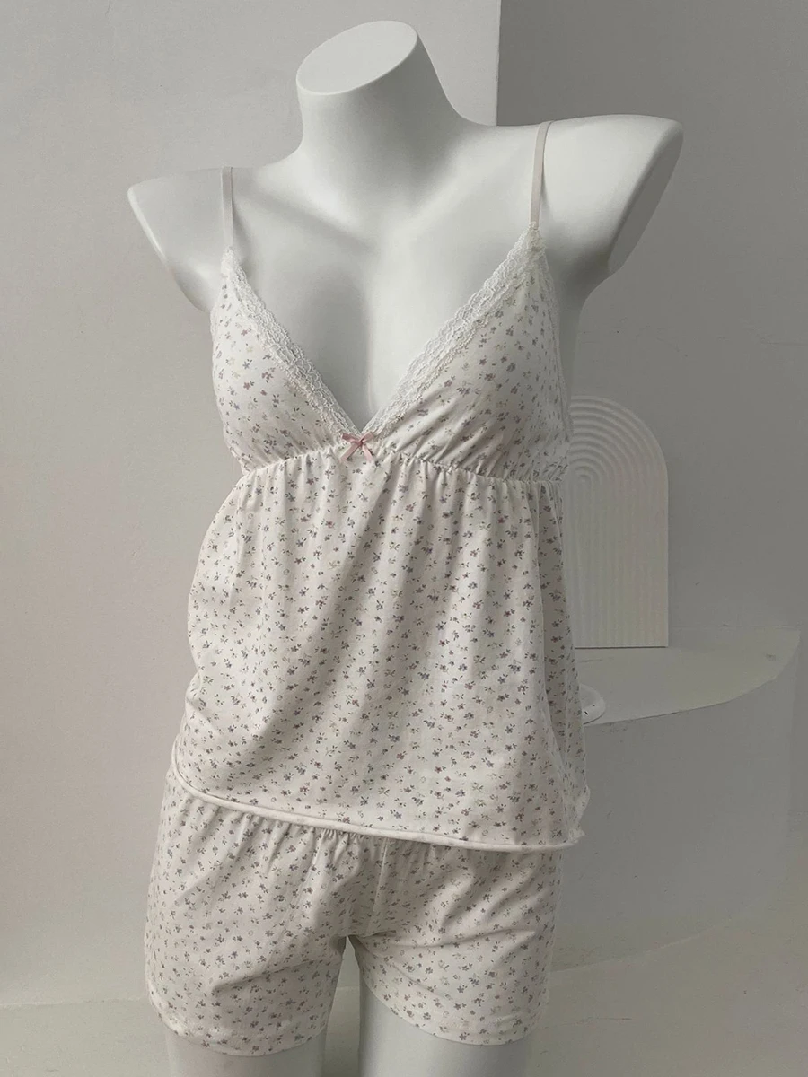 

Purple Floral Cotton Tank Shorts 2 Pieces Sets Women Lace Trim Bow V-neck Camis+Buttons Short Pants Casual Sweet Home Pajama Set