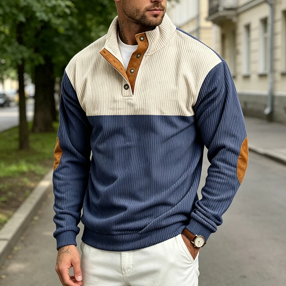 Color Block Men's Corduroy Sweatshirt with Stand Collar Half Button Front and Medium Elasticity for Summer Use