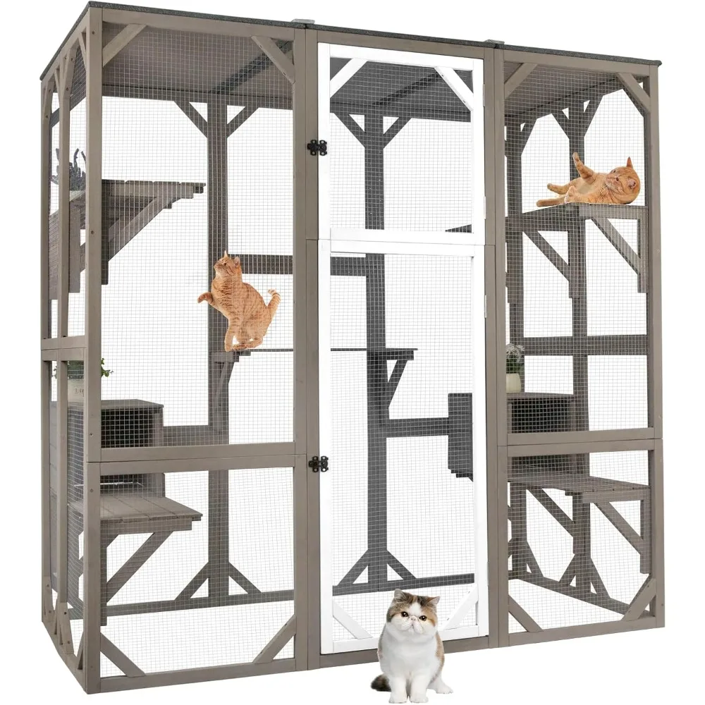 

Wooden Outdoor Cat House Kitty Catio Enclosure for Indoor Cats, Outdoor Catios Weatherproof Attached to Window Catio for Cats