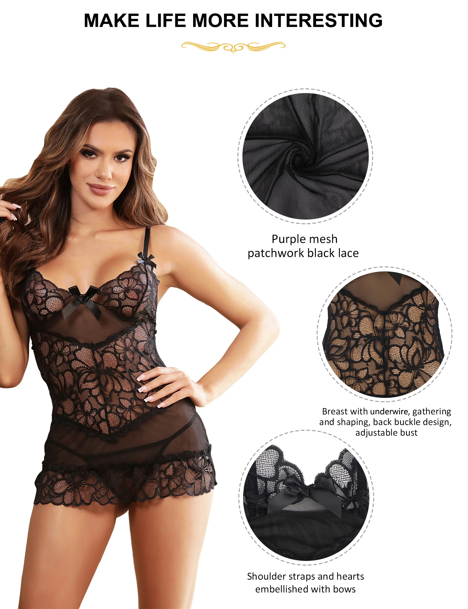 Baby doll + Panties Red Sheer Lace Floral Patterns Adjustable Straps Nightwear Women's Pajamas Set Sleepwear nightgowns Lingerie