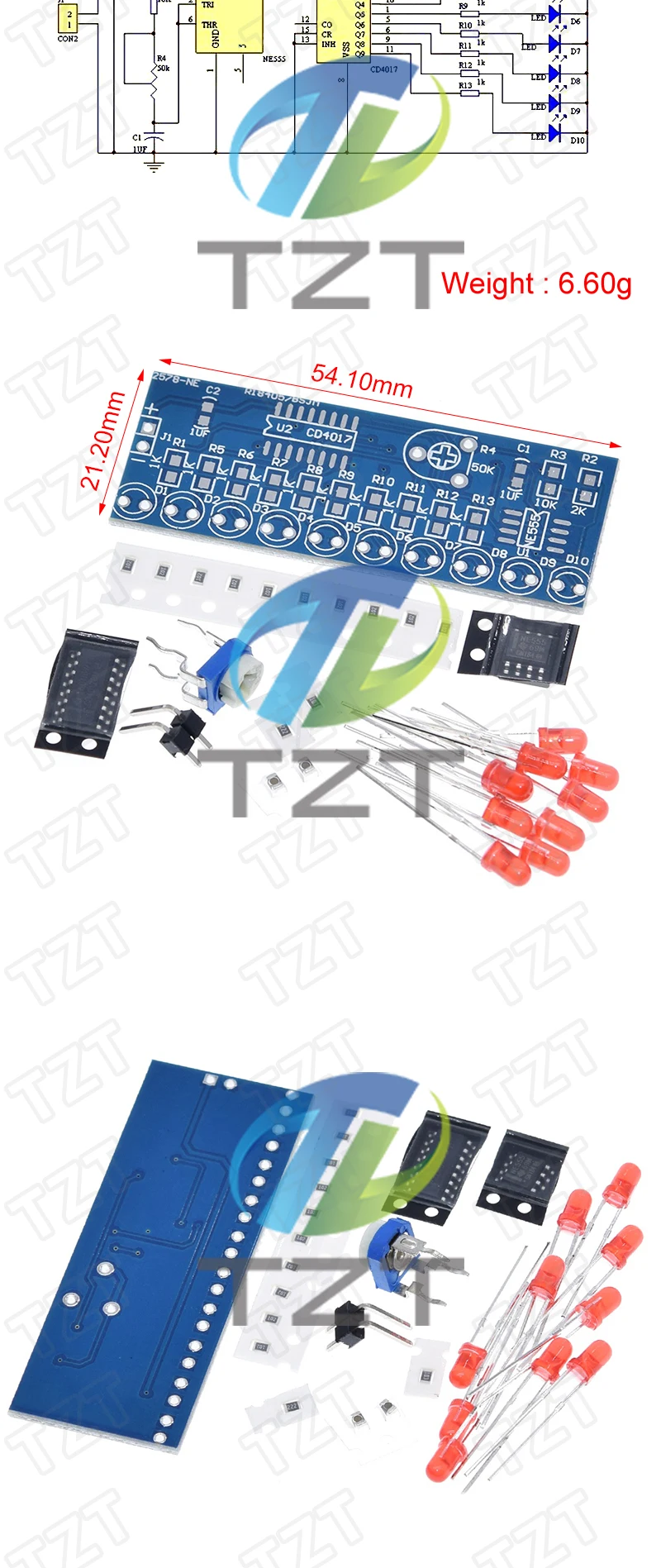 TZT 1/3/5PCS NE555+CD4017 LED-Lauflicht Elektronik-Bausatz DIY-Kit – Detail 2