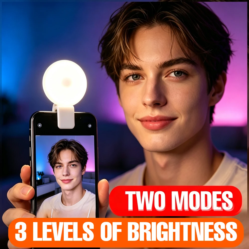 Mini Luz LED de Relleno para Selfies con Clip, Recargable por USB, Lámpara de Anillo Portátil para Teléfono, 2 Modos, 3 Niveles de Brillo para Maquillaje, Vlogs y Transmisiones en Vivo