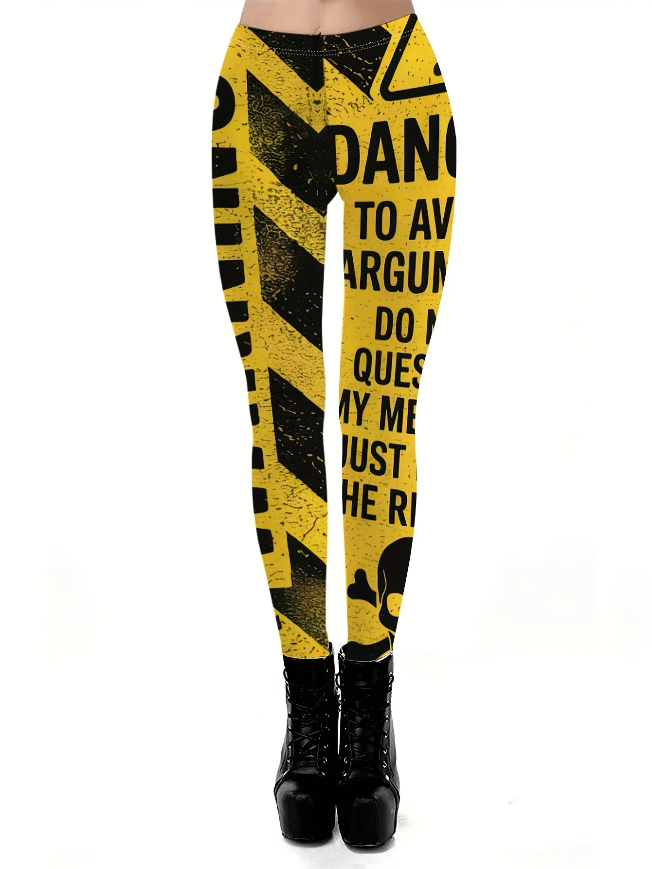 Women Mid Waist Fleece Lined Leggings Warning Skull Danger Text Print Slim Fit Thermal Winter Pants