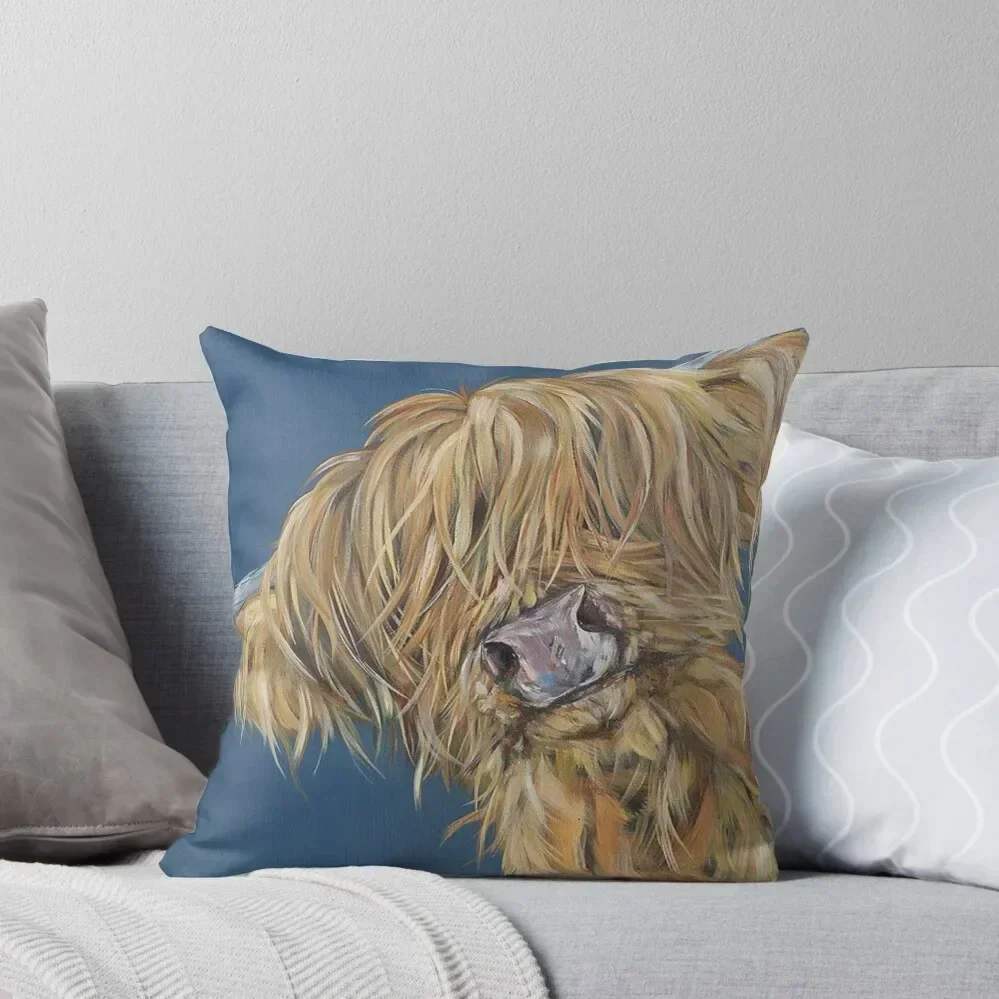 Cutie Coo! Highland hairy cow, Heilan Scottish coo art by award-winning UK artist Sam Fenner Throw Pillow Cushions Cover pillow