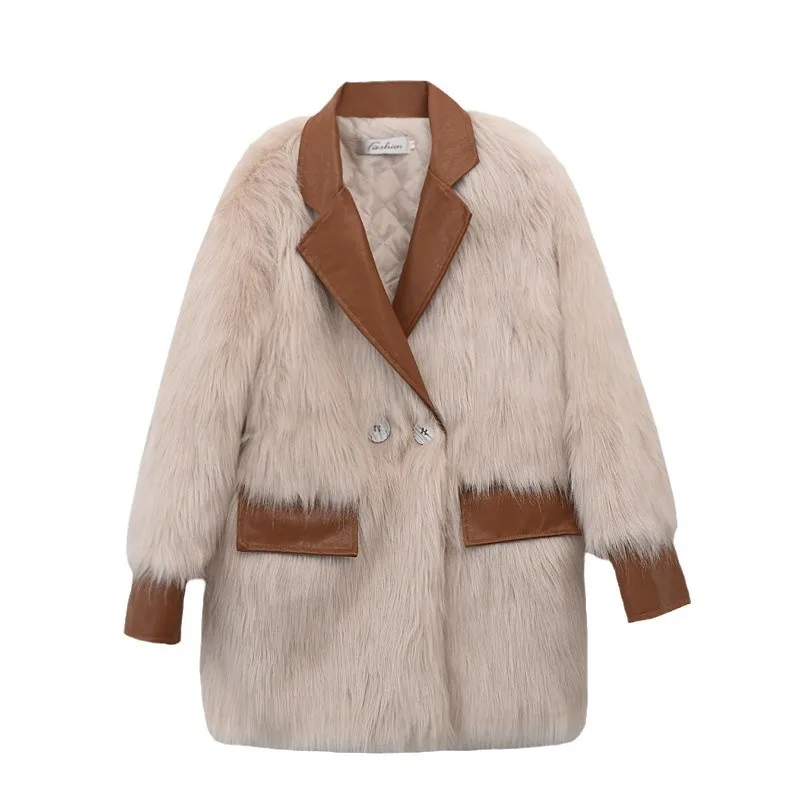 Faux Fox Fur Coats Women Mid Length Jackets Spliced Turn Down Collar Long Sleeve Double Breasted Thick Casual 2025 Autumn Winter