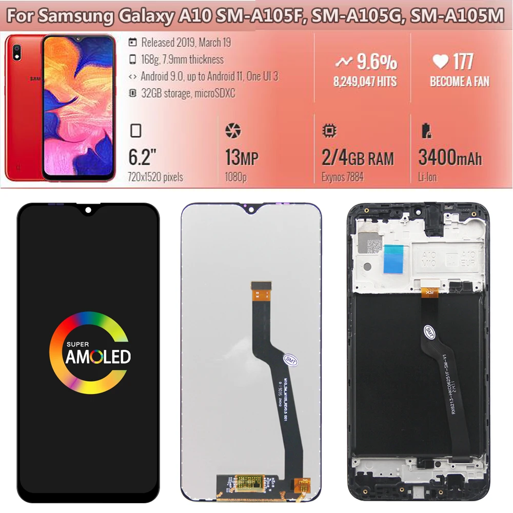 For AMOLED For Samsung A50 A505F/DS LCD A10,A20,A30,A30S Display Touch Screen Digitizer With Frame For Samsung A515 lcd