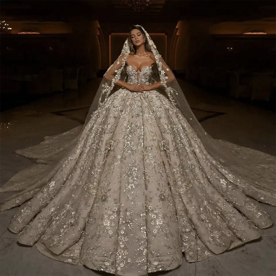 Vestidos de casamento com lantejoulas para mulheres, sem mangas Vestidos de noiva, apliques e tule, Tribunal e trem, Flores 3D, querida, 2023