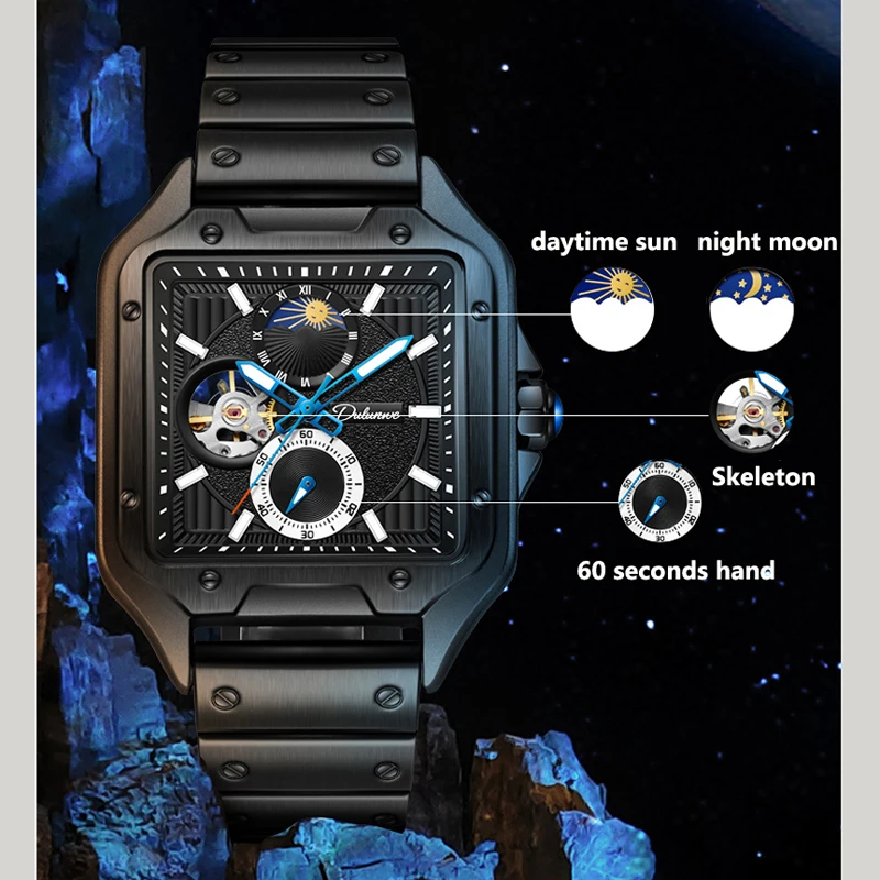 New Skeleton Mechanical Watch Men Luxury Brand Stainless Steel Moon Phase Automatic Watches High Quality Clock Reloj Hombre