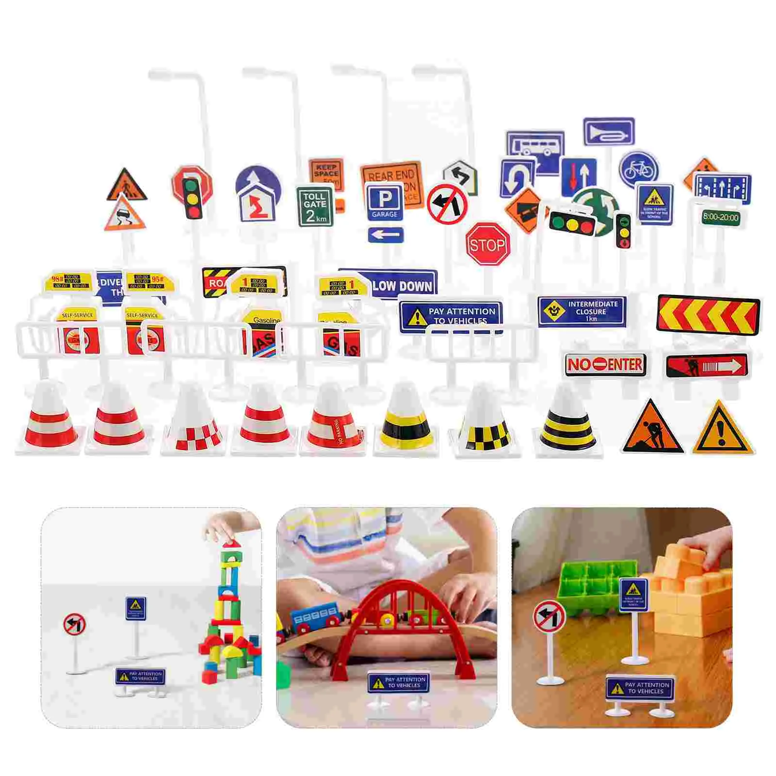 56 Pcs Kids Traffic Gift Barricade Toys Road Sign Safety Street Signs Warning Flag