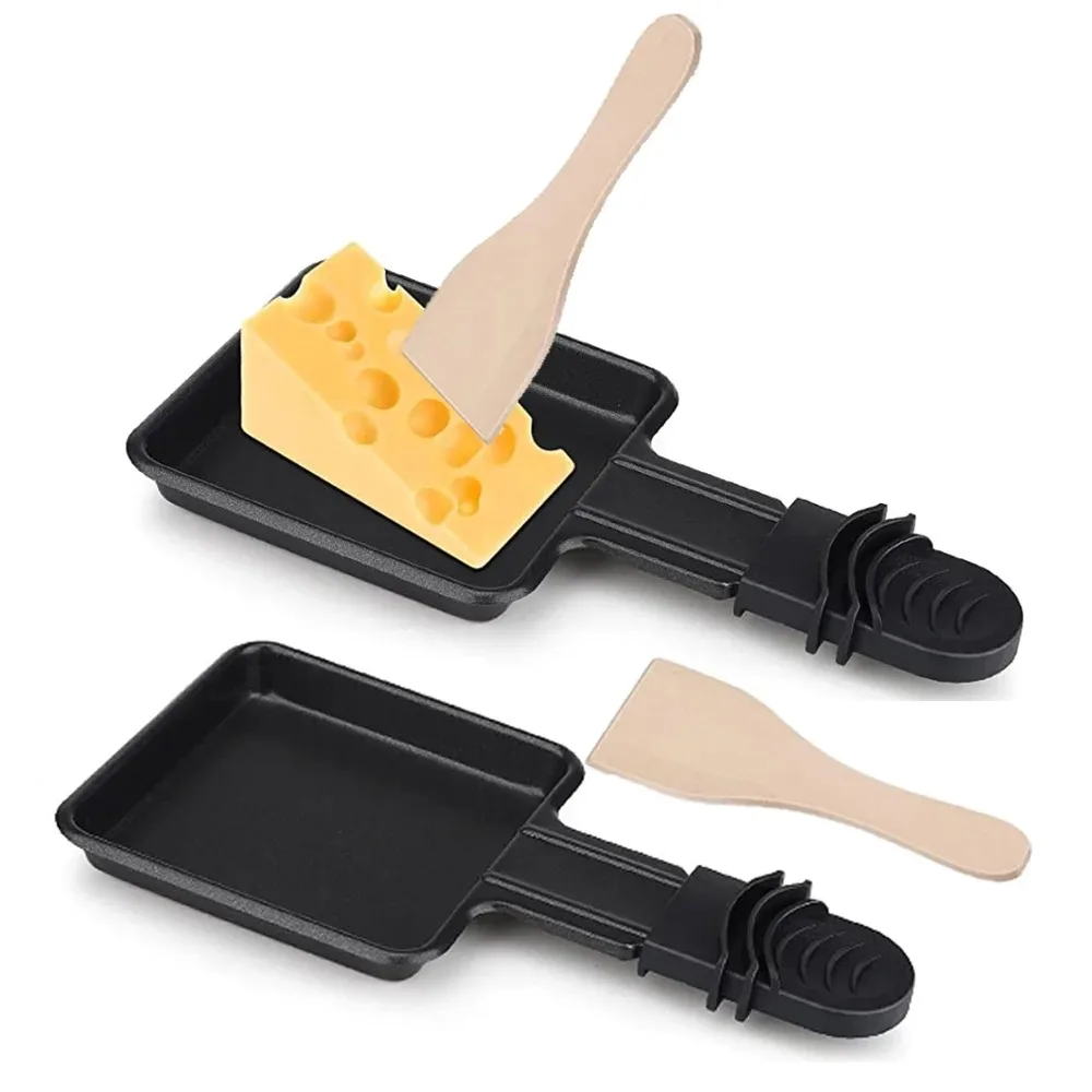 Juego de Mini sartenes para Raclette, sartén eléctrica Universal multifunción antiadherente para parrilla de huevos y queso con herramienta de cocina de regalo Ideal de madera, 2 uds.