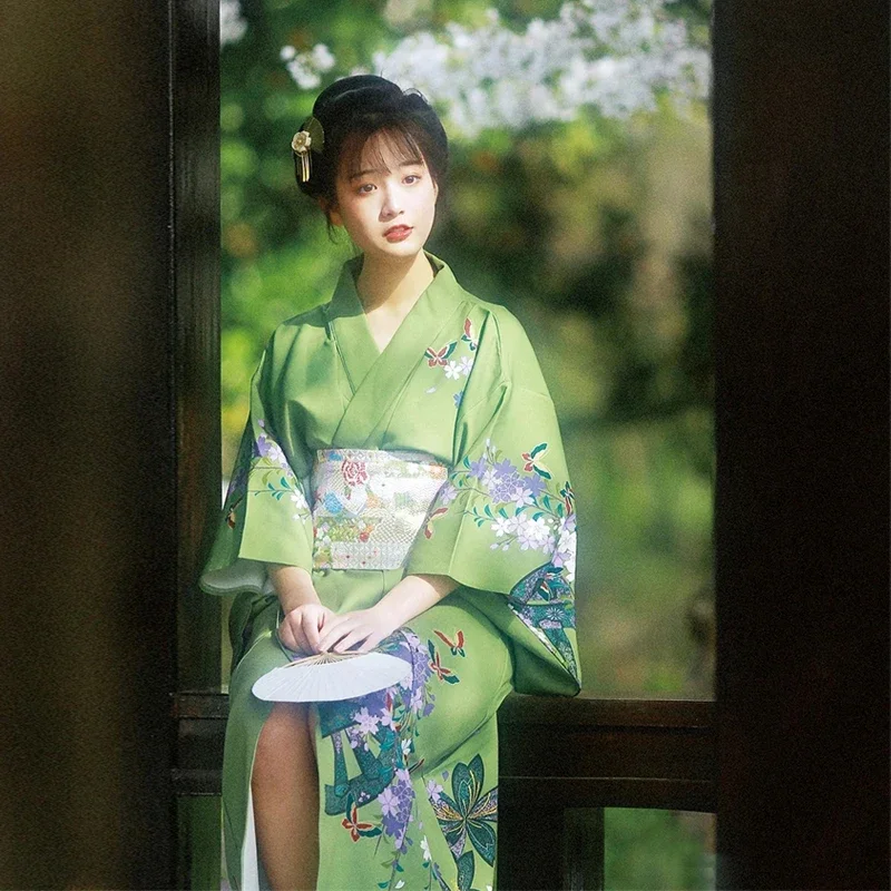 Japanese Women Kimono Simple Elegant Green Flower Print Bath Robe Anime Drama Cosplay Halloween Traditioanal Costume Photoshoot