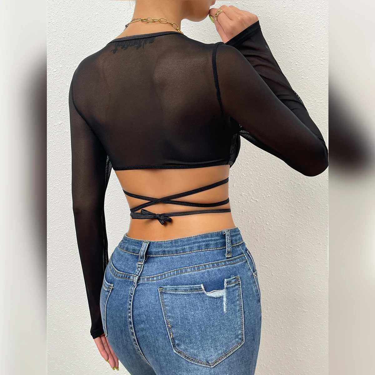 Vemina Fashion V-neck Hollowing Mesh See Through Crop Tops Long Sleeve,Sexy Bandage Lace Embroidery Women Bodycon Slim Blouses