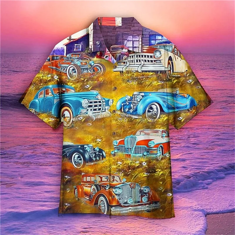 Camisa retrô estampada para carro masculina, camisa de botão havaiano, manga curta, lapela casual, respirável, à beira-mar, moda verão