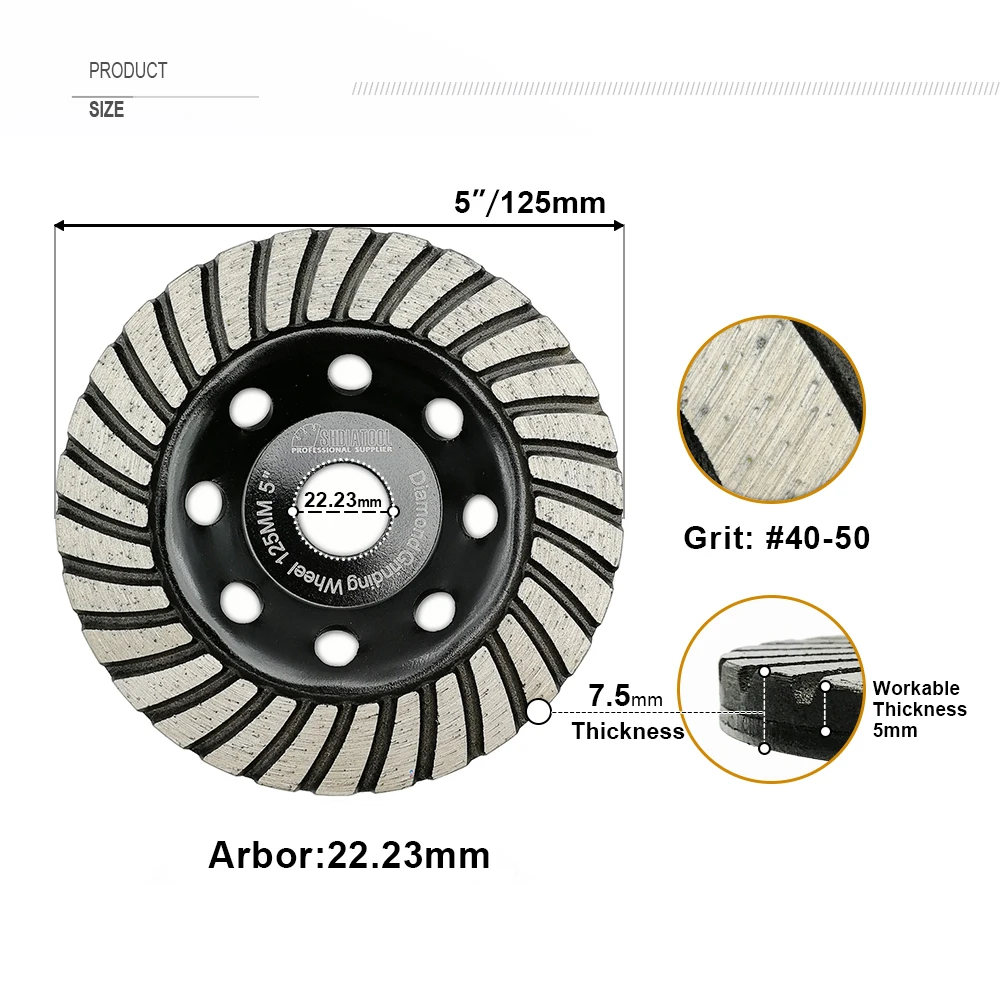 SHDIATOOL 125mm Diamond Turbo Row Concrete Grinding Cup Wheel Masonry Brick Construction Angle Grinder Mater Disc Marble Masonry