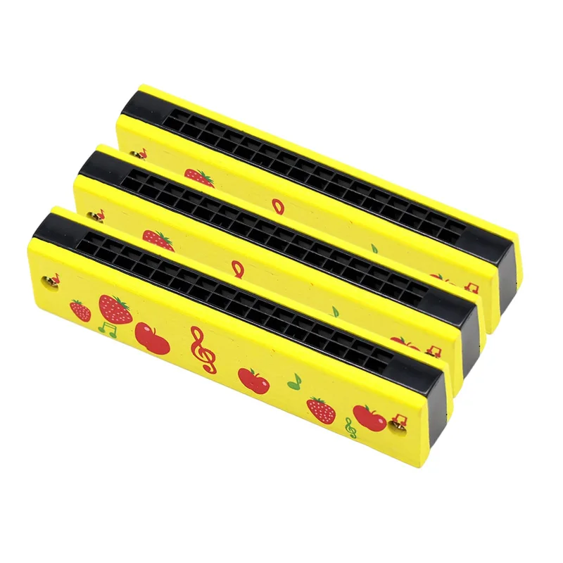 16Holes Wooden Harmonica Yellow Cherry Pattern Musical Instrument Children Montessori Educational Toys Kids Instruments TMZ