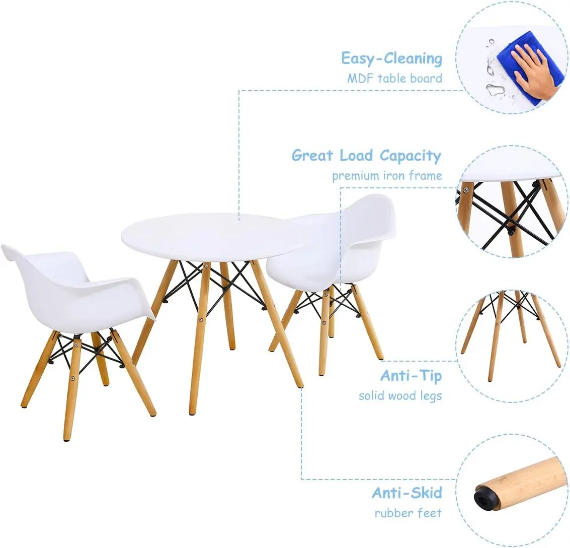 Kindertafel en 2-stoelenset, midden van de eeuw moderne stijl tafelset, ronde tafel met fauteuils voor peuterkinderen, kinderdi